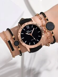 1 pieza Reloj cuarzo de puntero redondo & 4 piezas Pulsera - Negro - Ver 2