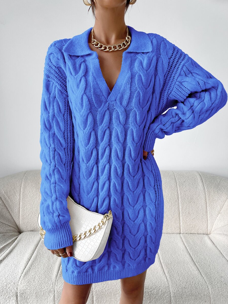 SHEIN Essnce Vestido de punto tejido de cable de hombros caídos - Azul - Ver 1