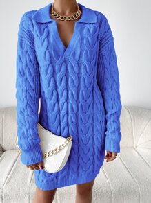 SHEIN Essnce Vestido de punto tejido de cable de hombros caídos - Azul - Ver 3