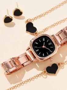 1 pieza minimalista Reloj cuarzo & 4 piezas Set joya - Oro rosa - Ver 3