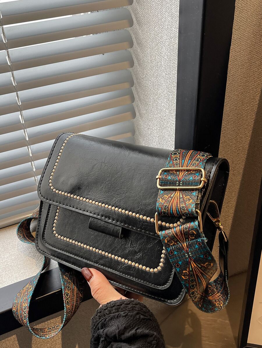 迷你幾何帶復古設計翻蓋方包 - 黑色 - 查看 1