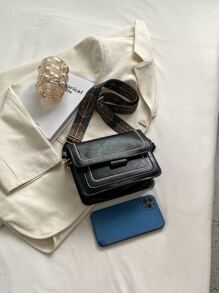 迷你幾何帶復古設計翻蓋方包 - 黑色 - 查看 5