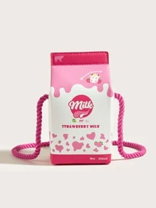 1pc Kids' Cute Pink Strawberry Cow Pattern PU Milk Box Cartoon Style Fun Shoulder Crossbody Bag Suitable For Daily Use - Pink - View 2