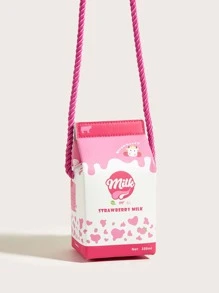 1pc Kids' Cute Pink Strawberry Cow Pattern PU Milk Box Cartoon Style Fun Shoulder Crossbody Bag Suitable For Daily Use - Pink - View 7