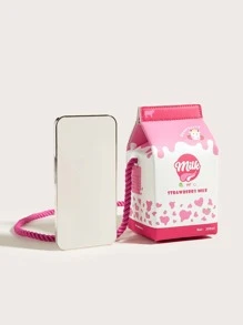 1pc Kids' Cute Pink Strawberry Cow Pattern PU Milk Box Cartoon Style Fun Shoulder Crossbody Bag Suitable For Daily Use - Pink - View 5