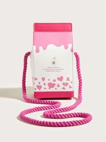 1pc Kids' Cute Pink Strawberry Cow Pattern PU Milk Box Cartoon Style Fun Shoulder Crossbody Bag Suitable For Daily Use - Pink - View 8