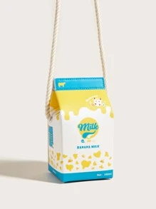 1pc Children's Yellow Banana Cow Pattern PU Milk Carton Cute Cartoon 3D Shoulder Bag For Daily Use, Crossbody Bag - Yellow - View 3
