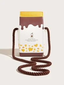 1pc Children's Brown Chocolate Banana Cow Pattern PU Milk Box Shaped Cute Cartoon Shoulder Bag, Versatile For Daily Use - Coffee Brown - View 7