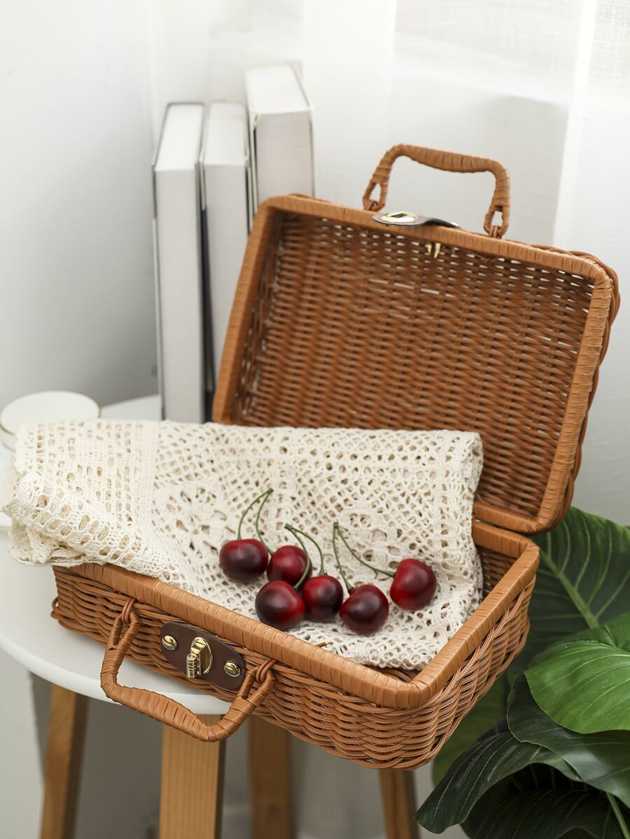 1pc Woven Vintage Plastic Wicker Suitcase Rattan Suitcase With Leather