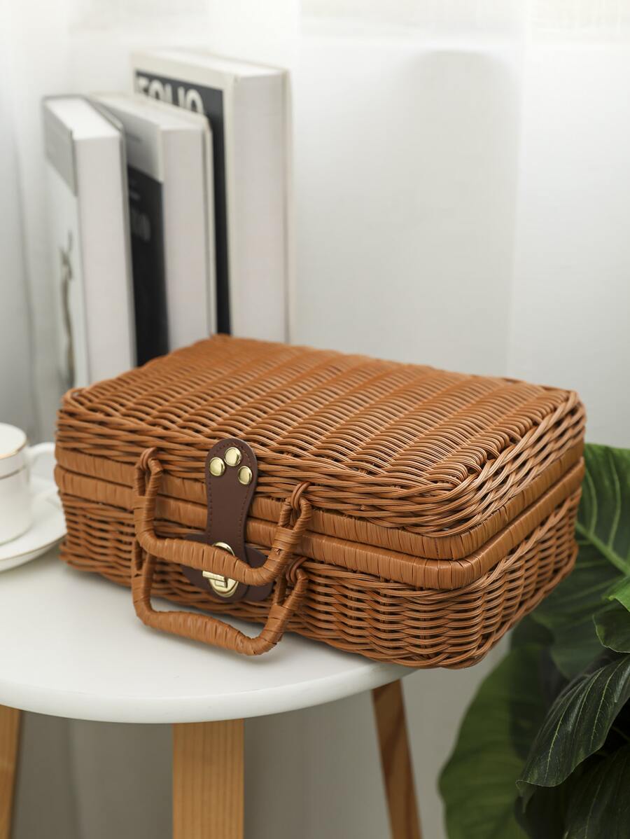 1pc Woven Vintage Plastic Wicker Suitcase Rattan Suitcase With Leather