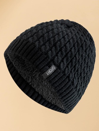 JZML Stickad mössa för män, bokstavsetikettdetaljer, casual höstoutfit