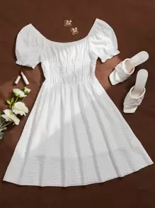 SHEIN Holidaya Shirred Puff Sleeve Dress - White - View 1