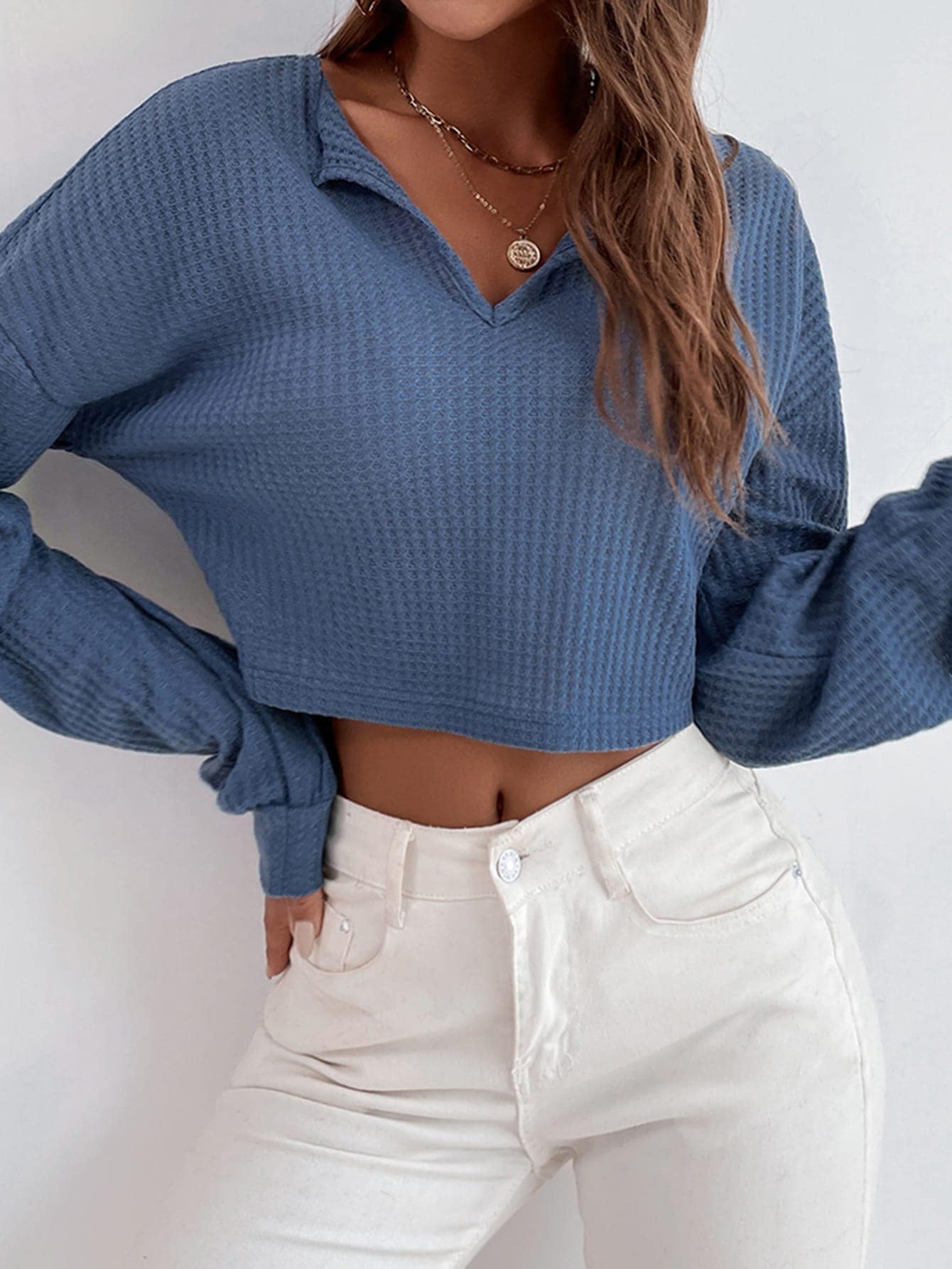 SHEIN LUNE Drop Shoulder Waffle Knit Tee - Dusty Blue - View 1