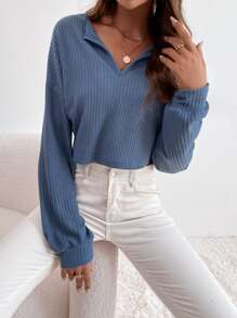 SHEIN LUNE Drop Shoulder Waffle Knit Tee - Dusty Blue - View 3