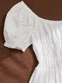 SHEIN Holidaya Shirred Puff Sleeve Dress - White - View 3