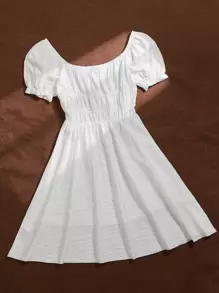 SHEIN Holidaya Shirred Puff Sleeve Dress - White - View 5