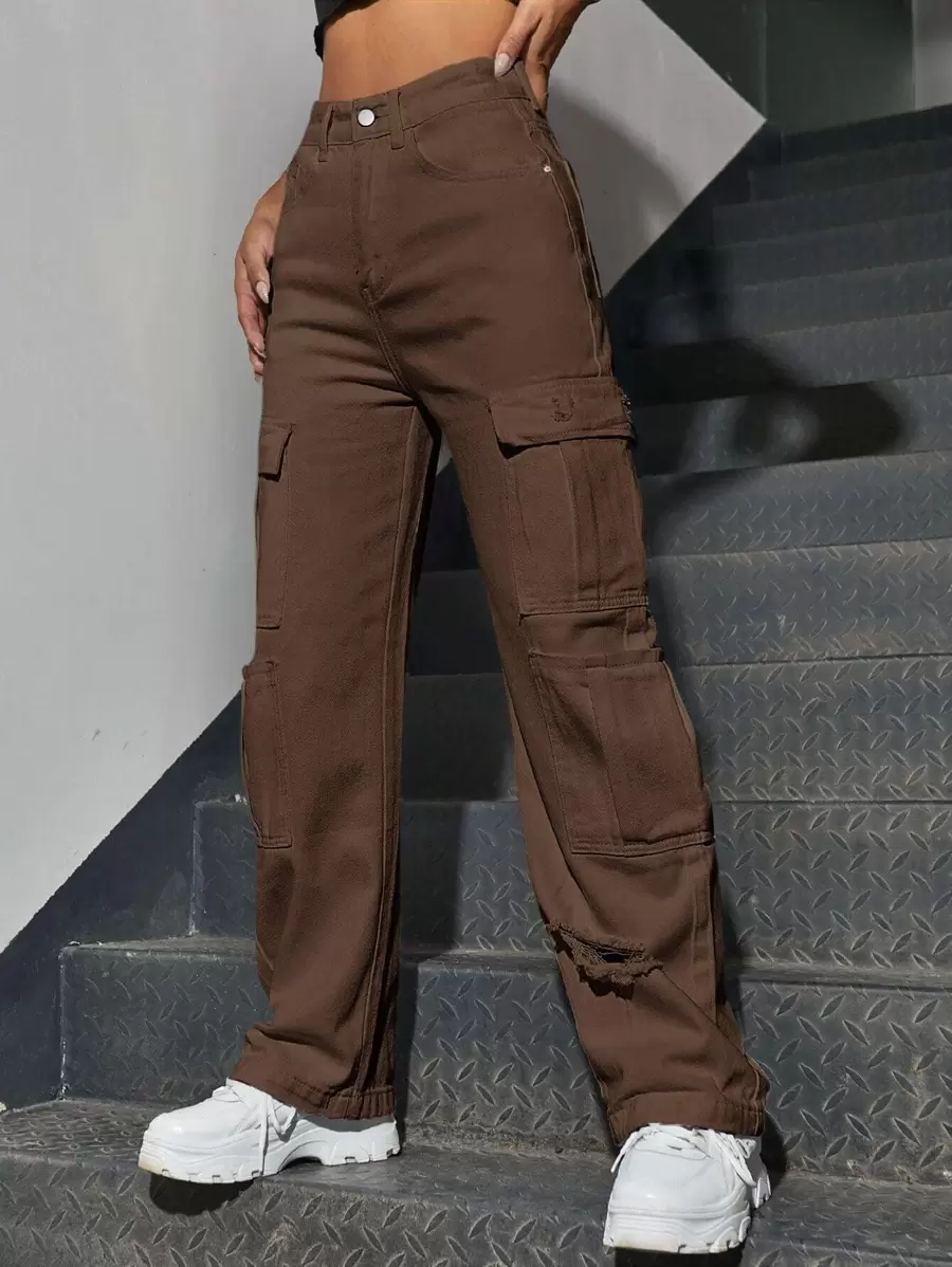 SHEIN EZwear 高腰工装口袋破洞牛仔褲 - 咖啡棕 - 查看 1