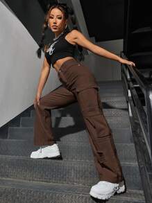 SHEIN EZwear 高腰工装口袋破洞牛仔褲 - 咖啡棕 - 查看 3