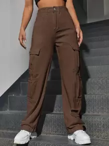 SHEIN EZwear 高腰工装口袋破洞牛仔褲 - 咖啡棕 - 查看 4