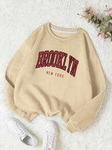 SHEIN Qutie 字母圖案加絨內裏運動衫 - 杏色 - 查看 1