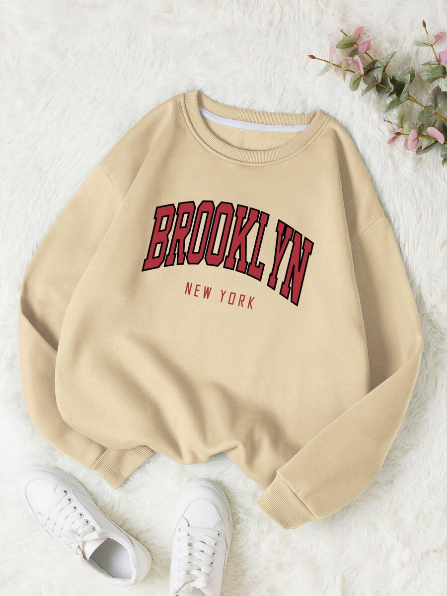 SHEIN Qutie 字母圖案加絨內裏運動衫 - 杏色 - 查看 1