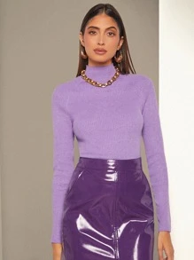 BizChic 素色小高領插肩袖條紋針織套頭毛衣 - 紫丁香色 - 查看 2
