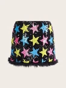 SHEIN ICON Star Pattern Fuzzy Trim Sequins Skirt - Multicolor - View 2