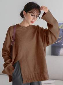 DAZY Thả vai Viền chia cắt Áo len - màu nâu - Xem 4