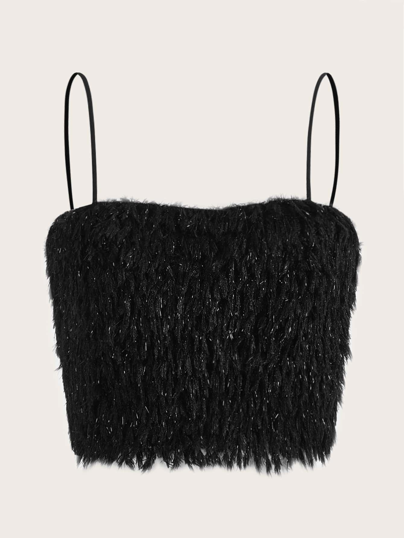 SHEIN ICON Solid Plush Crop Cami Top - Black - View 1