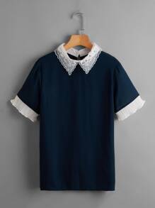 Seusyu Contrast Lace Collar Pleated Cuff Blouse - Navy Blue - View 1