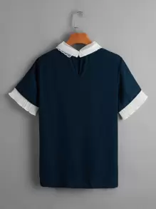 Seusyu Contrast Lace Collar Pleated Cuff Blouse - Navy Blue - View 2