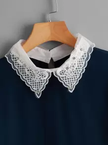 Seusyu Contrast Lace Collar Pleated Cuff Blouse - Navy Blue - View 3