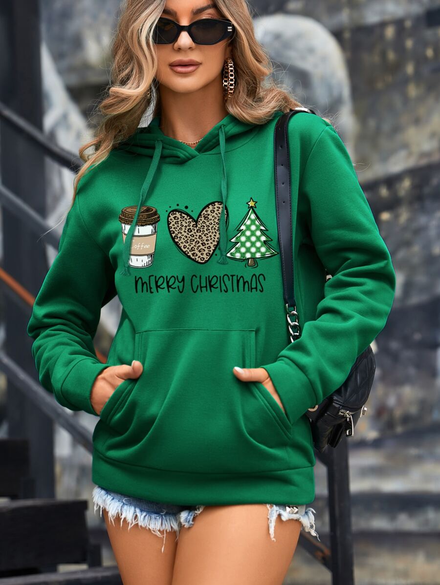 Christmas Print Kangaroo Pocket Drawstring Thermal Hoodie - Green - View 1