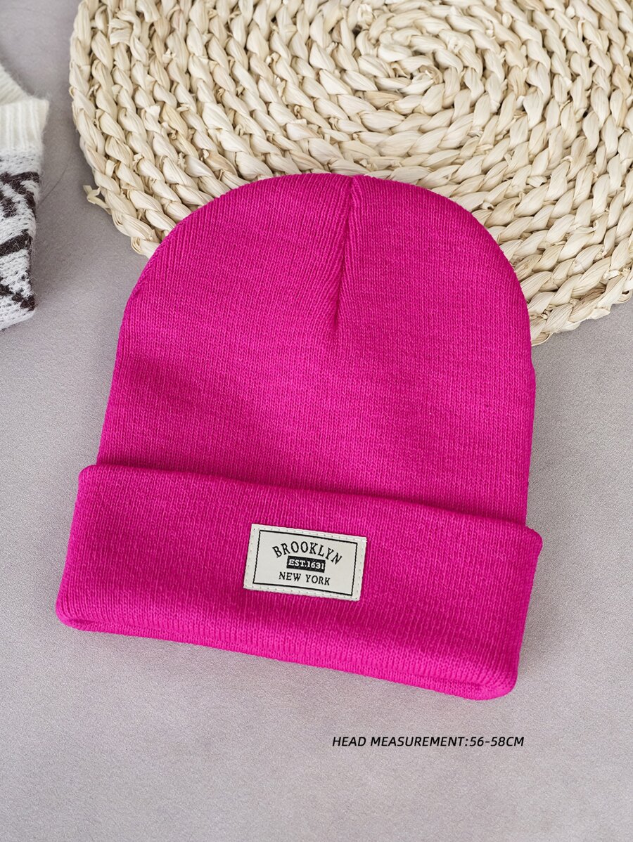 Men Letter Label Beanie Hat For Winter For Daily Wear Gift For Friend Casual - Hot Pink - View 1