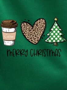 Christmas Print Kangaroo Pocket Drawstring Thermal Hoodie - Green - View 6