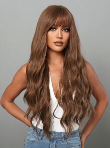 HAIRCUBE 26 Inch Brown Curly Wavy Wig, Romantic Beautiful Synthetic Hair Wigs with Bangs Wigs - Brown - View 2