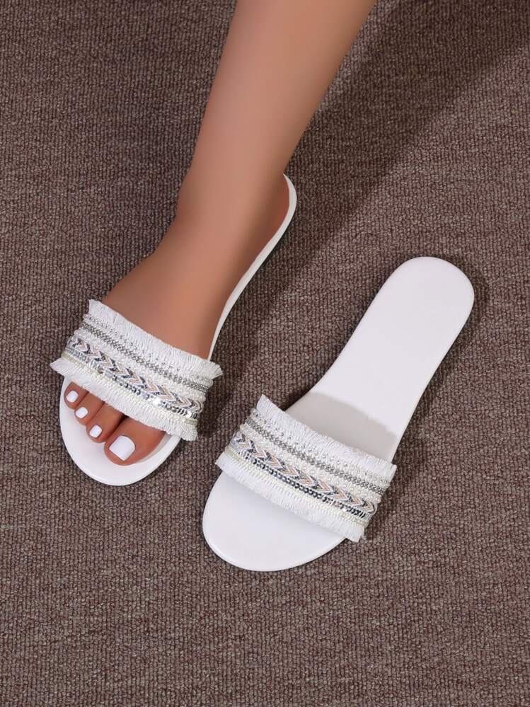 Faux Pearl & Rhinestone Decor Slide Sandals - Multicolor - View 1