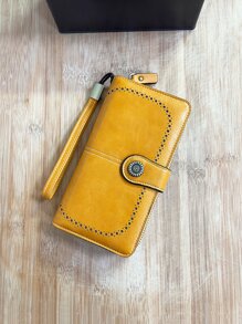 CHARM INFINITE 复古时尚镂空大容量拉链按扣女士钱包女式钱包长款钱包腕带钱包 - 黃色 - 查看 2