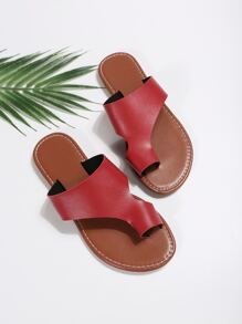 Casual Outdoors Thong Sandals For Women, Minimalist Plain Microfiber Leather Toe Post Flat Sandals - Red - View 3