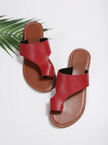 Casual Outdoors Thong Sandals For Women, Minimalist Plain Microfiber Leather Toe Post Flat Sandals - Red - View 5