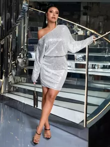 SHEIN BAE Asymmetrical Neck Sequin Dress - Silver - View 3