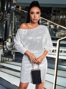 SHEIN BAE Asymmetrical Neck Sequin Dress - Silver - View 4