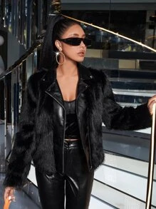 SHEIN BAE Zip Up Fuzzy Coat - Black - View 6