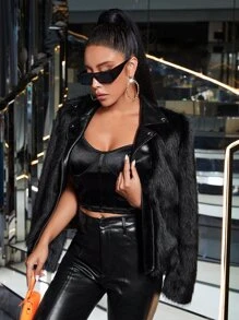 SHEIN BAE Zip Up Fuzzy Coat - Black - View 7