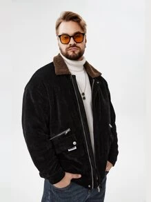 Men Plus Contrast Teddy Collar Drop Shoulder Corduroy Jacket - Black - View 3