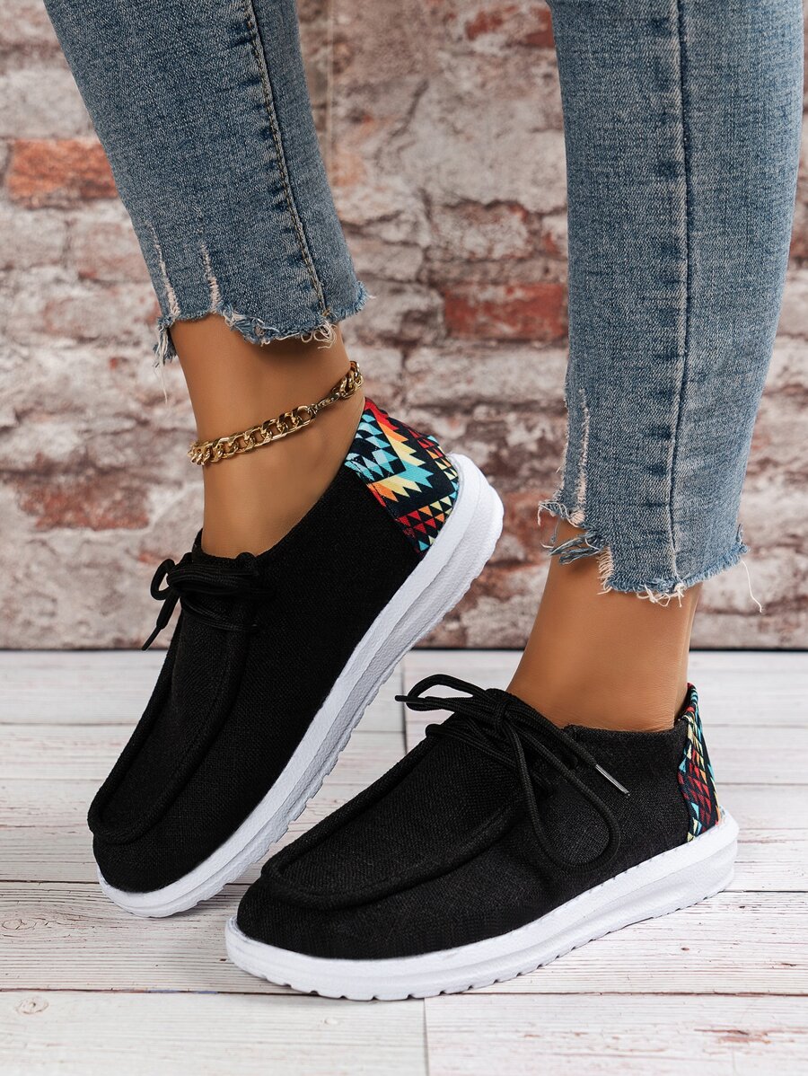 幾何樣式前綁帶休閒鞋 - 黑色 - 查看 1