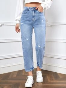 SHEIN Frenchy Jeans ajustados mom desgarro de talle alto - Lavado ligero - Ver 1