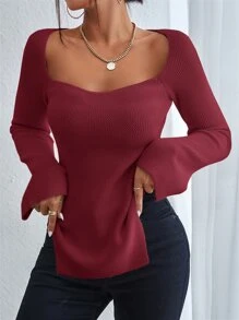 SHEIN Privé Sweetheart Neck Split Hem Jumper - Burgundy - View 1
