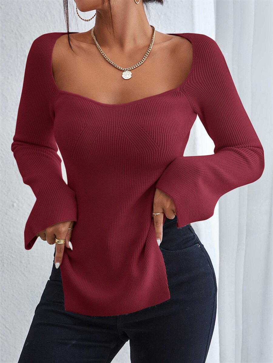 SHEIN Privé Sweetheart Neck Split Hem Jumper - Burgundy - View 1