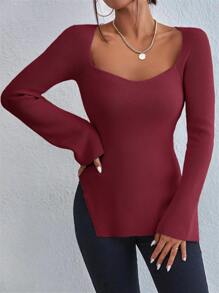 SHEIN Privé Sweetheart Neck Split Hem Jumper - Burgundy - View 3